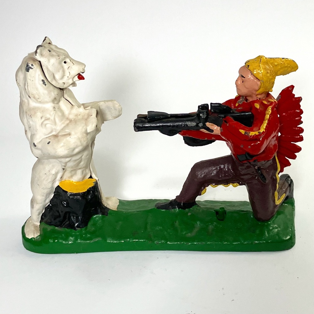 Vintage Cast Iron Mechanical Coin Bank- Indian Man Shooting White Bear